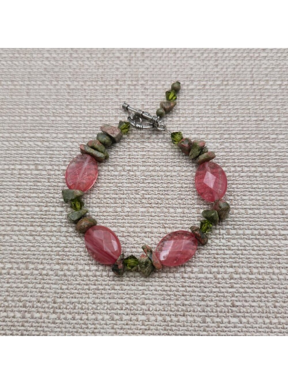 7 Inch Sterling Silver Unakite & Pink Rhodonite Faceted Gemstone Bracelet B1614